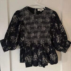 SEA New York Alessia Black & White Floral Print Smocked Puff Sleeve Top Small